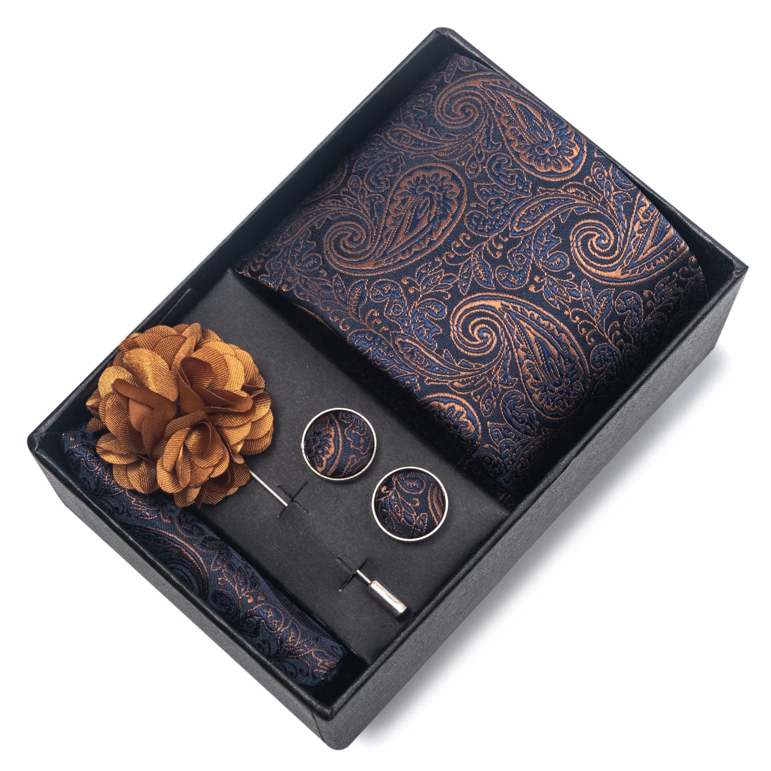 VanGise Red Print Silk Tie Set with Handkerchief and Cufflinks in Gift Box