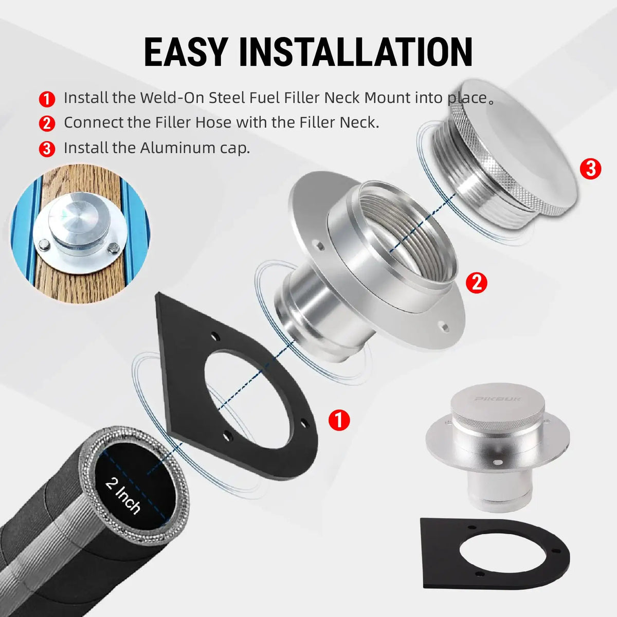 PIKBUK Fuel Tank Cap Assembly with Remote Filler Neck and Weld-On Steel Bracket for 2" Straight Hose 17-2530 by InterCyprus Trading Ltd