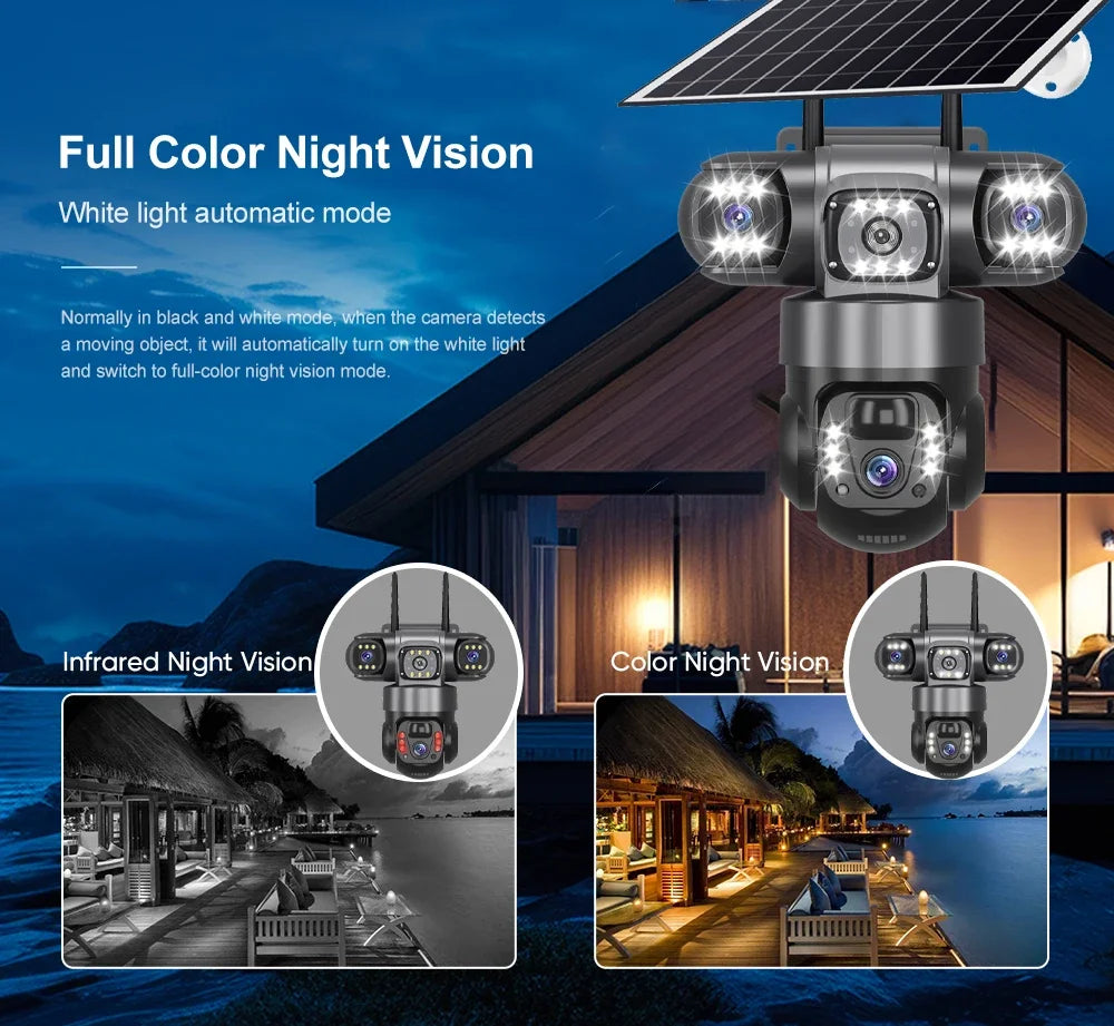 V380 Pro Solar Camera 4G SIM Outdoor Three Lens Three Screens PIR Human Detect CCTV Security Battery PTZ IP Camara Farm orchard