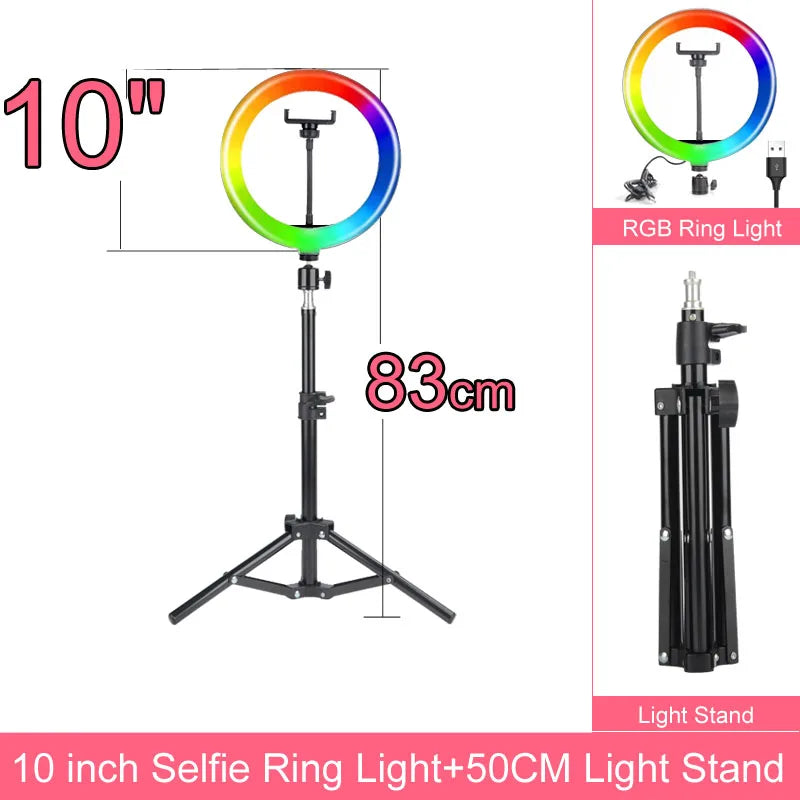 Dimmable RGB LED Selfie Ring Light with Adjustable Tripod 10 inch 50cm RGB