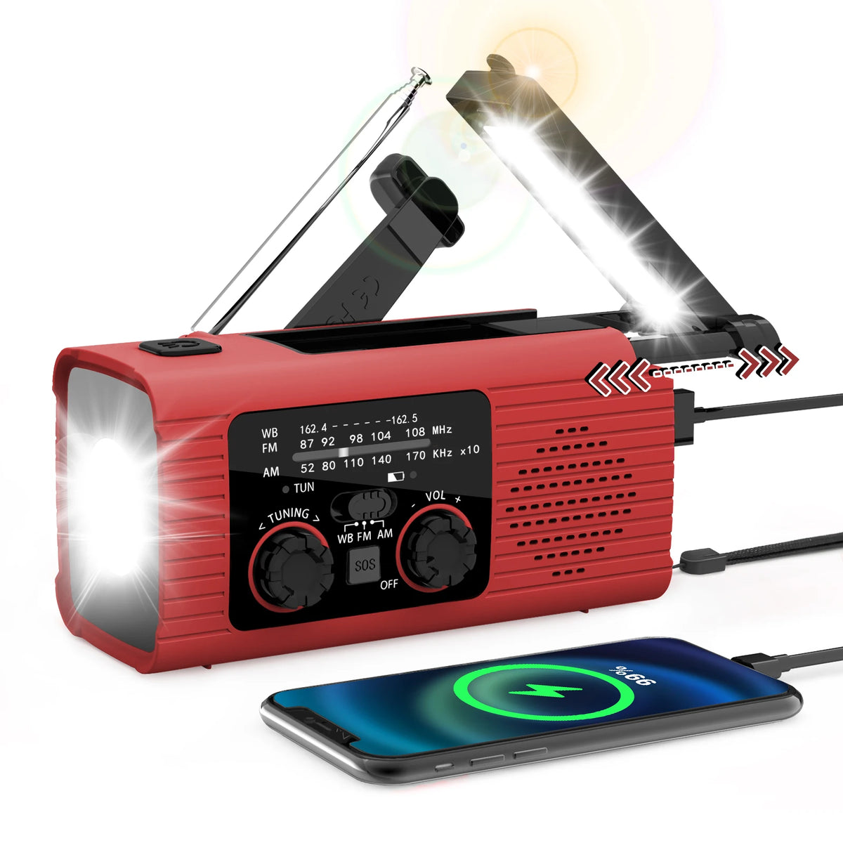 FMAM Solar Hand Crank Emergency Radio - Portable Light Red