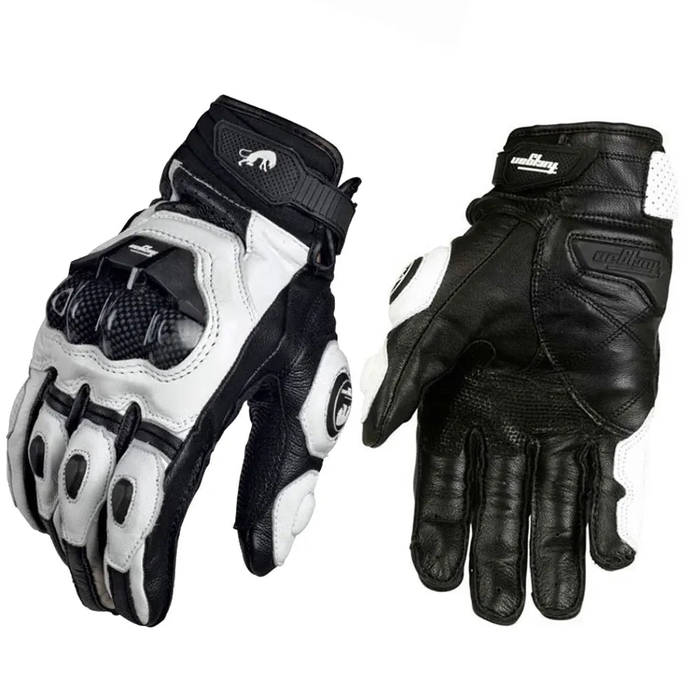 GISAEV Black Racing Leather Motorcycle Gloves - Summer &amp; Winter Wear Short Gloves White / M