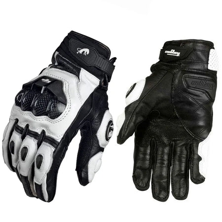 GISAEV Black Racing Leather Motorcycle Gloves - Summer &amp; Winter Wear Short Gloves White / M