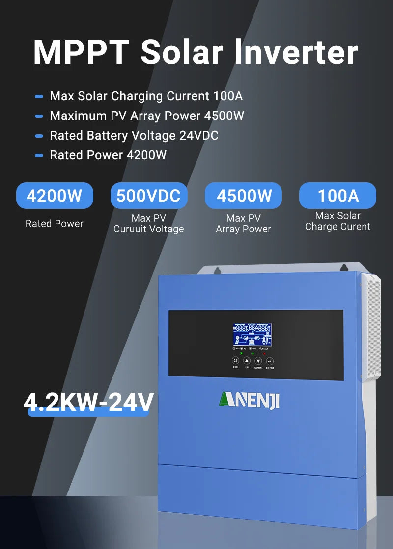 ANENJI 4KW 24V Hybrid Solar Inverter, jossa on sisäänrakennettu WiFi, MPPT 100A 500VDC PV-tulo, puhdas sinimuotoinen off-grid 220V