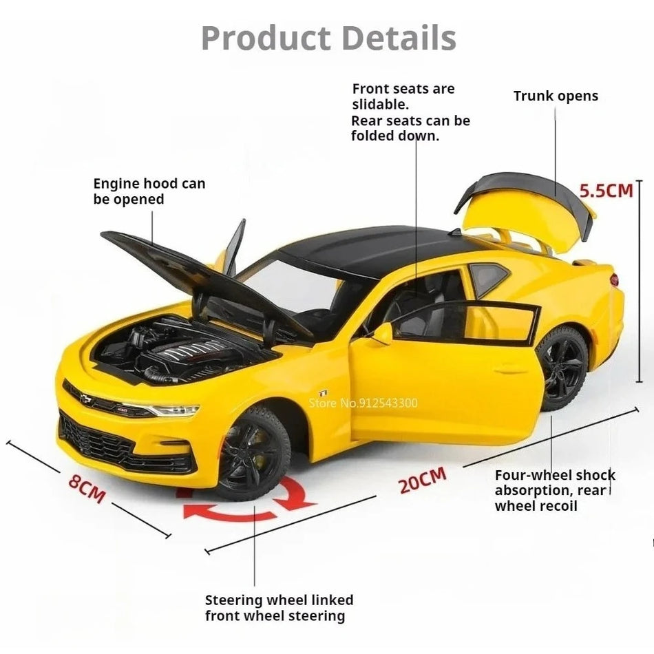 Model de mașină diecast 1:24 Camaro Cobra cu uși care se deschid prin tragere înapoi.