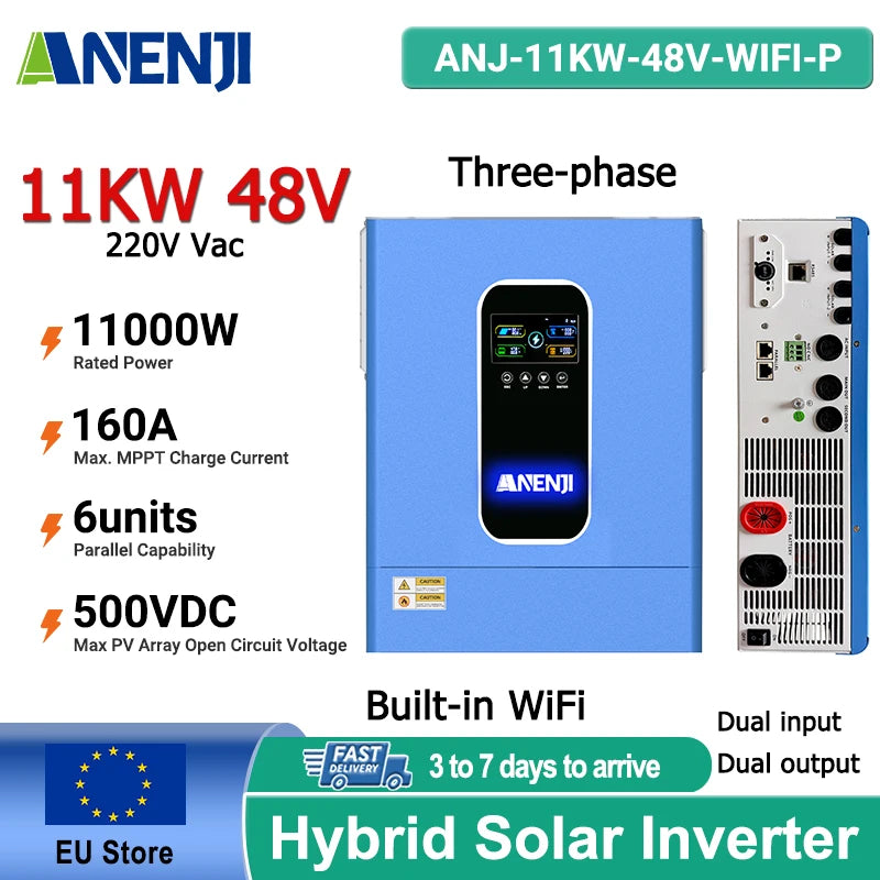ANENJI 11KW Off Grid Inverter with Dual MPPT 160A, 48V, Built In WiFi, Pure Sine Wave 230V