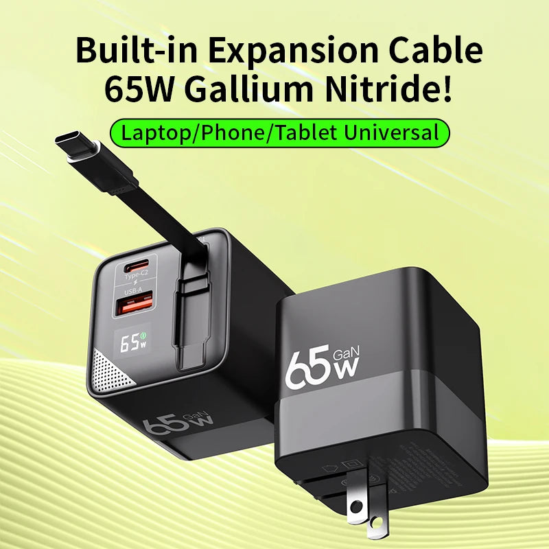 CrownQu 65W USB-C Fast Charger &ndash; Intelligent Charge with Built-in 80cm Type-C Cable Black US