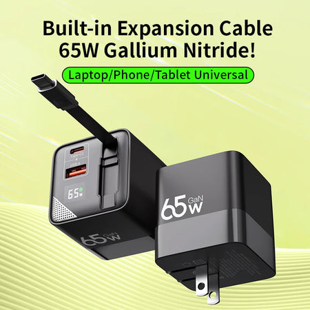 CrownQu 65W USB-C Fast Charger &ndash; Intelligent Charge with Built-in 80cm Type-C Cable Black US