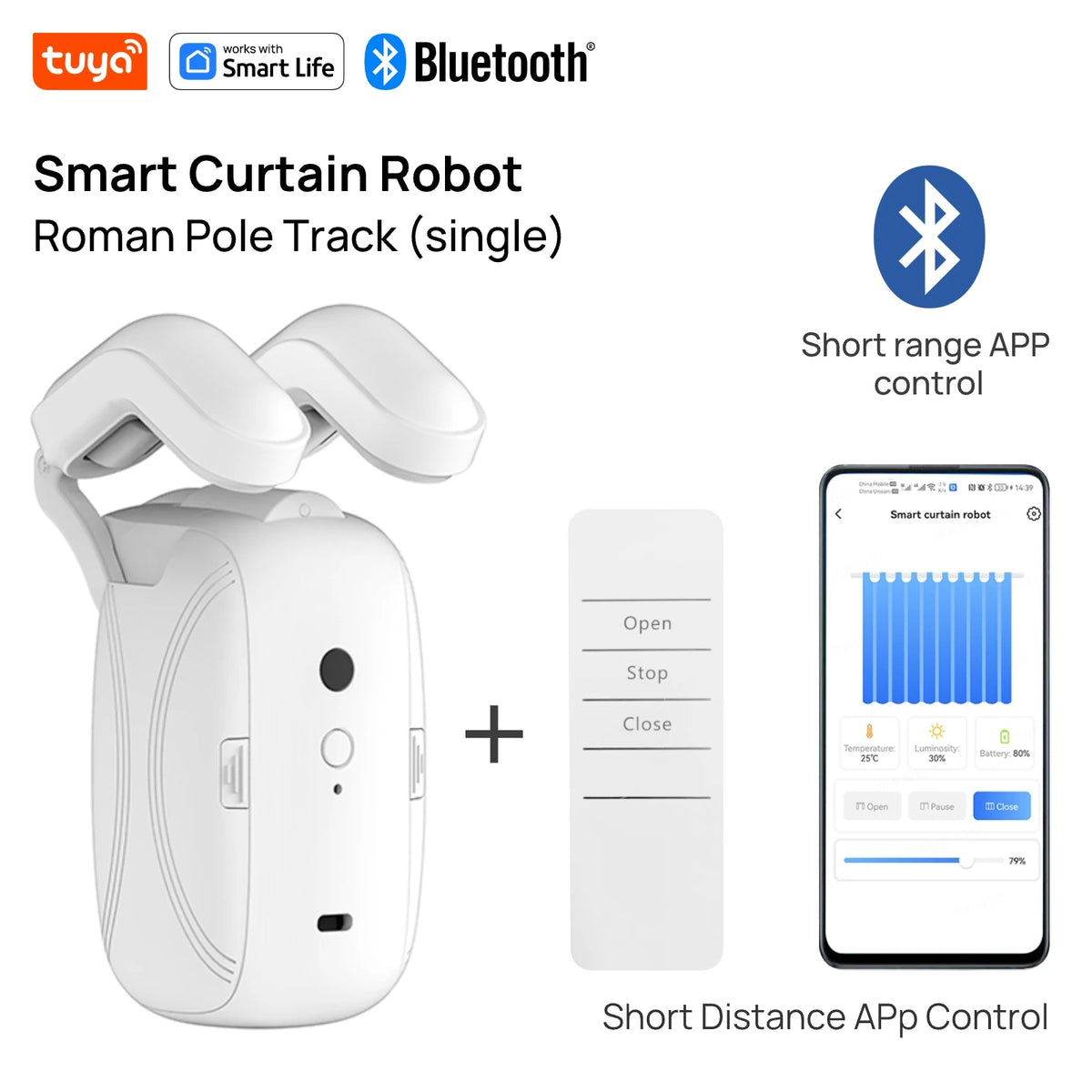Tuya Smart Curtain Robot ( Roman Rod Track) Bluetooth APP Short Range Control, Timed switch, Pull-to-start, 8KG load capacity 1PC BLE RC