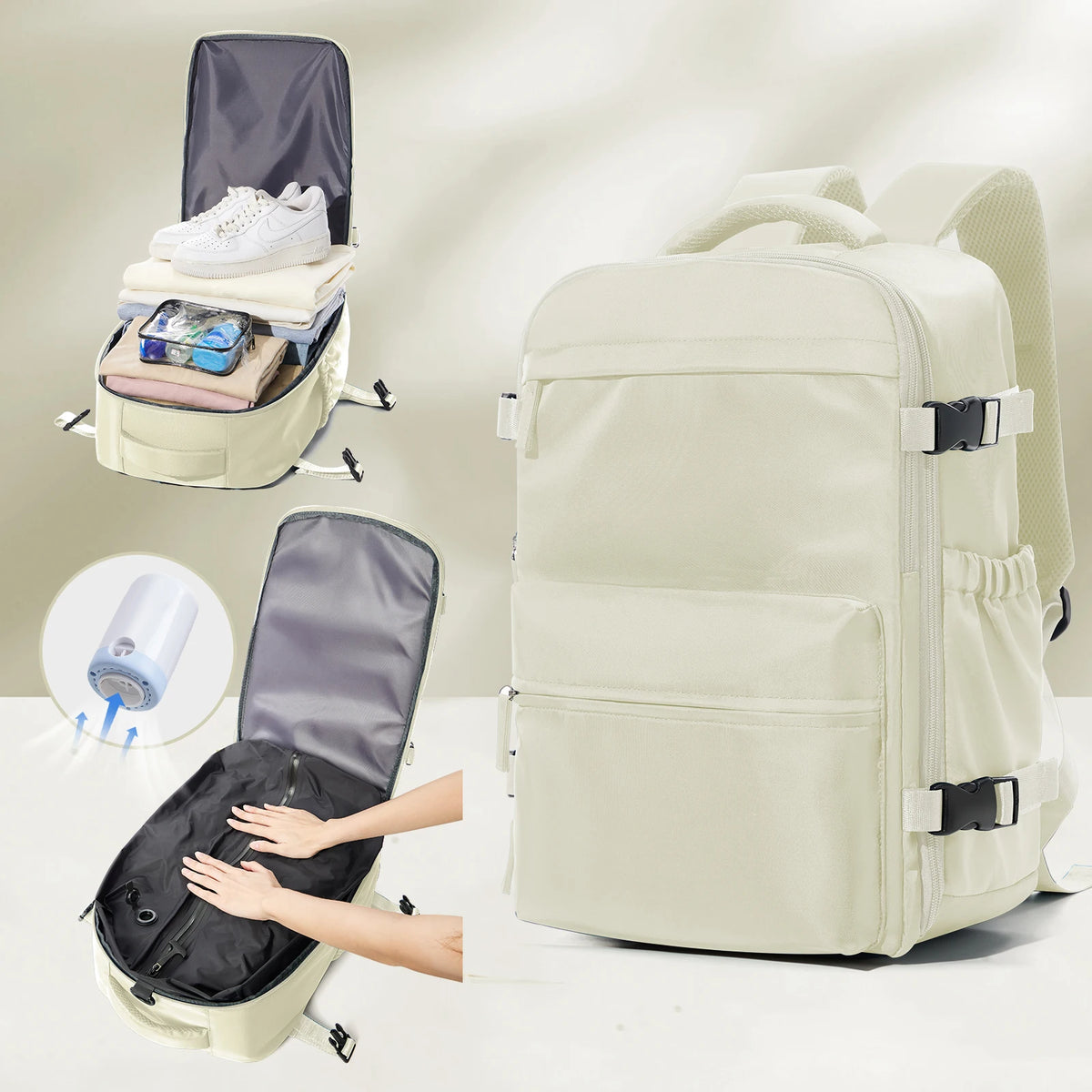 Vacuum Backpack Travel Bag &ndash; Large Capacity Expandable Beige with Pump