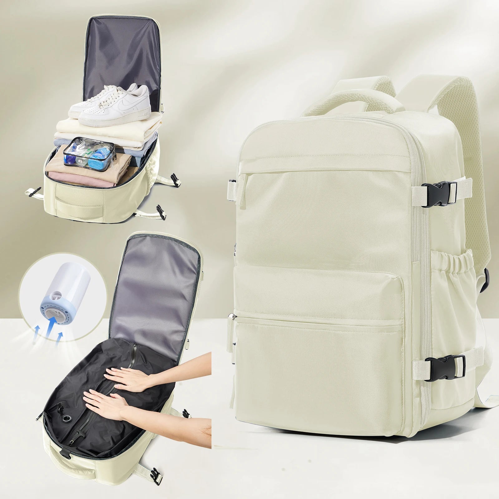 Vacuum Backpack Travel Bag &ndash; Large Capacity Expandable Beige with Pump