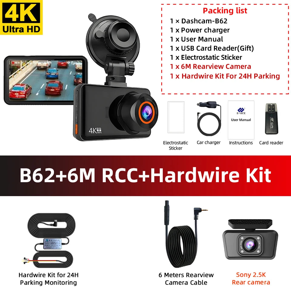 ACCEO Dash Cam 4K Front 2.5K Rear Dual &ndash; Night Vision B62-6M RCC-KIT / None