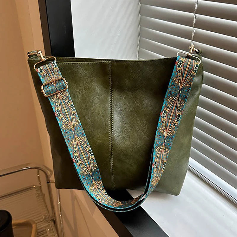 Vintage PU Leather Bucket Crossbody Bag with Wide Strap A3