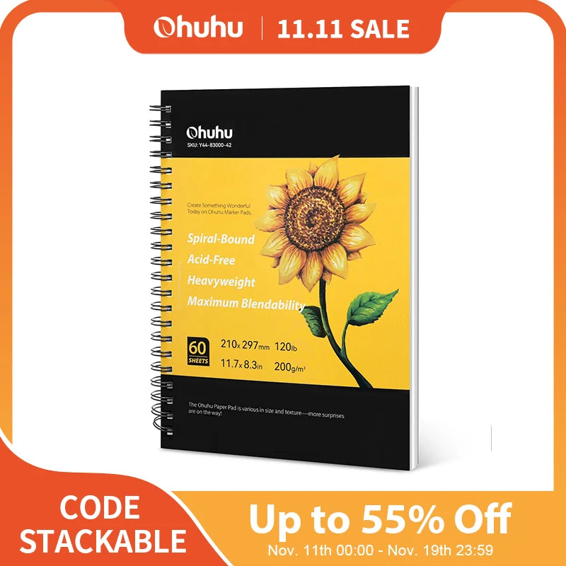 Bloc de desen Ohuhu pentru markere pe bază de alcool, legat în spirală 8.9 x 8.3 inci