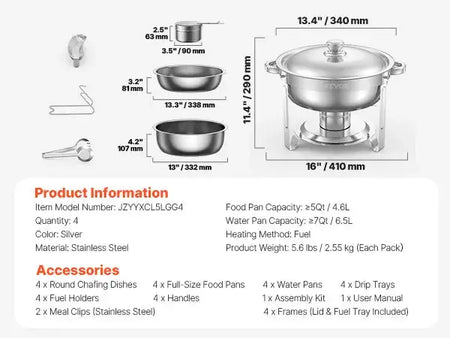4 Pack Stainless Steel Chafing Dish Set For Party Silvery / United States