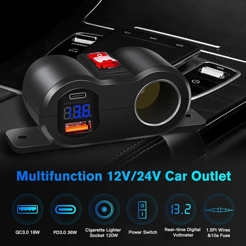 Cargador de coche de 12 V QC3.0 PD3.0 con voltímetro LED y divisor de toma para RV