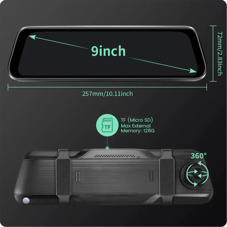 9 Inch Rearview Mirror Dash Cam With 4K Front And 1080P Rear Camera by InterCyprus Trading Ltd