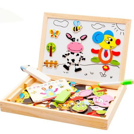 Kids Wooden Animal Puzzle &amp; Magnetic Drawing Board &ndash; Educational Toy for Creative Learning NB235C1