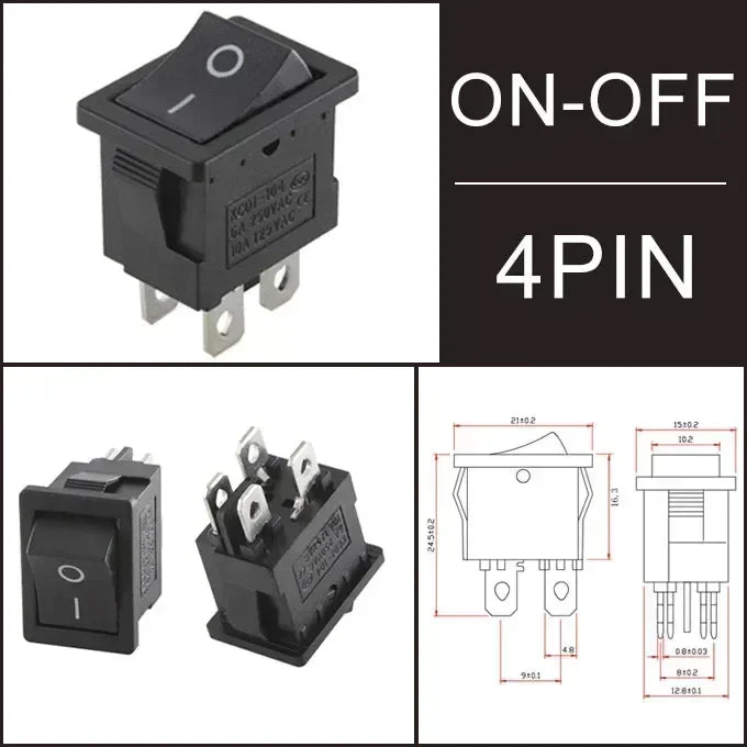 10/30/100 Pcs KCD1 Snap - in Boat Rocker Switch - SPST ON - OFF, 2/3/4 Pin, 250V 6A (AC) / 125V 10A, 2P Toggle Power Snap Switch Black 4Pin / 300 PCS