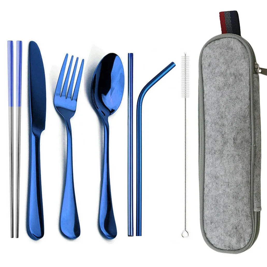 Travel Hiking Portable Dinnerware Set &ndash; Eco-Friendly Stainless Steel Cutlery Grey Bag Blue