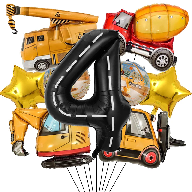 9Pcs/1Set Construction Vehicle Aluminum Film Balloon Excavator Crane 1-9 Digital Balloons Boys Birthday Party Decor Balloons Number4 set / Other
