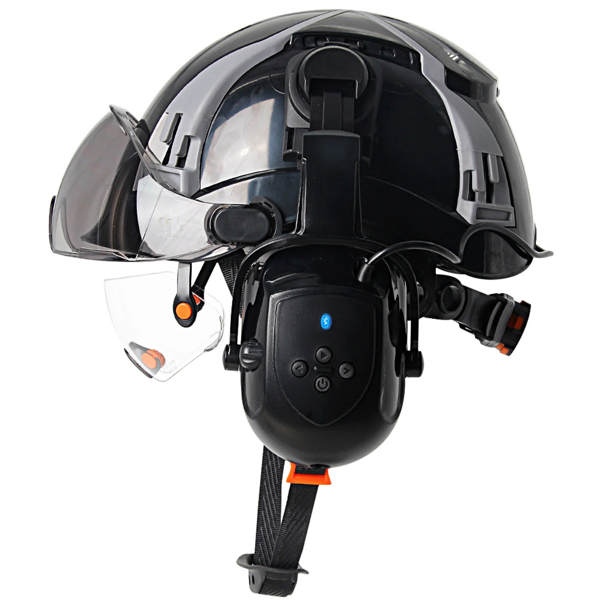 CE Safety Helmet With Bluetooth Earmuffs &ndash; Built In Goggles Black Set