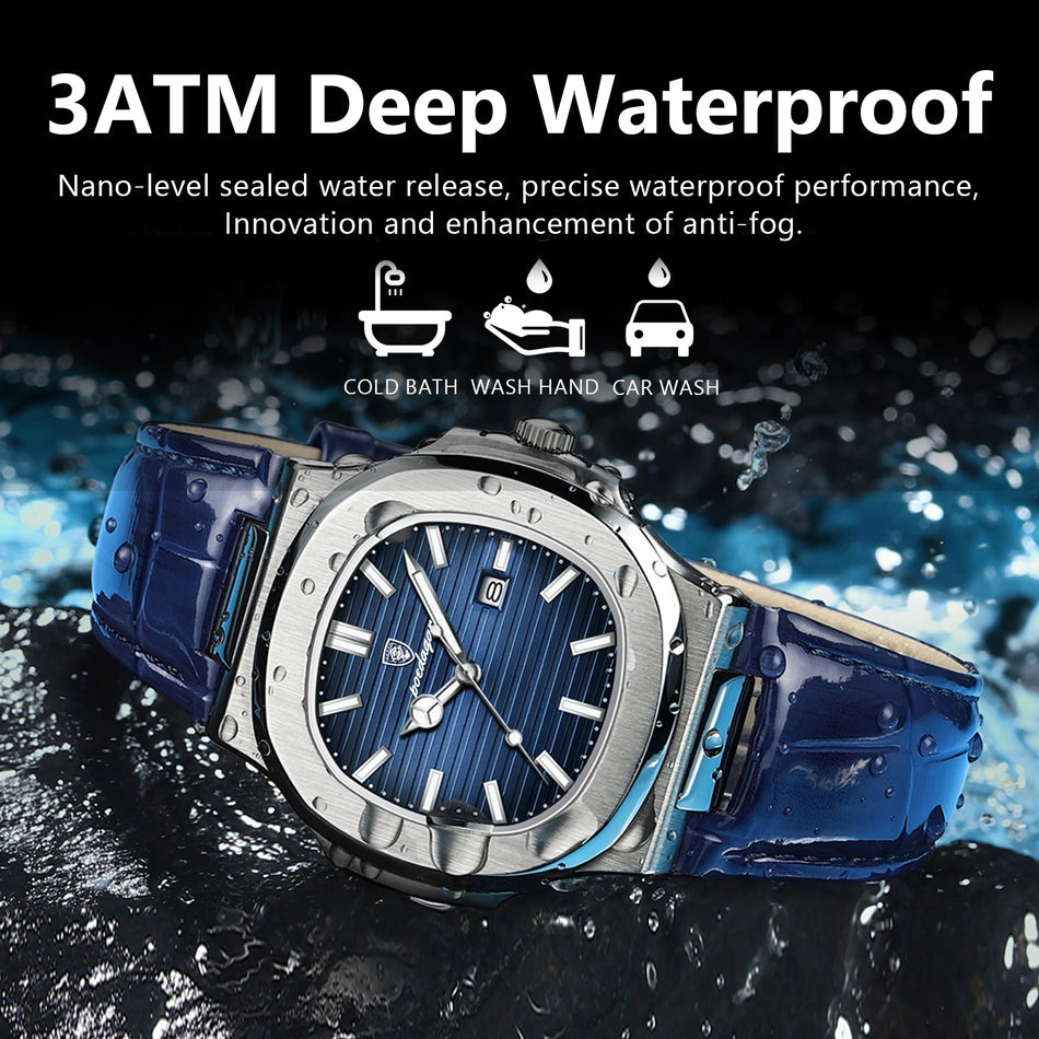 Luxury Leather Men's Quartz Watch with Date, Waterproof, Luminous Square Dial
