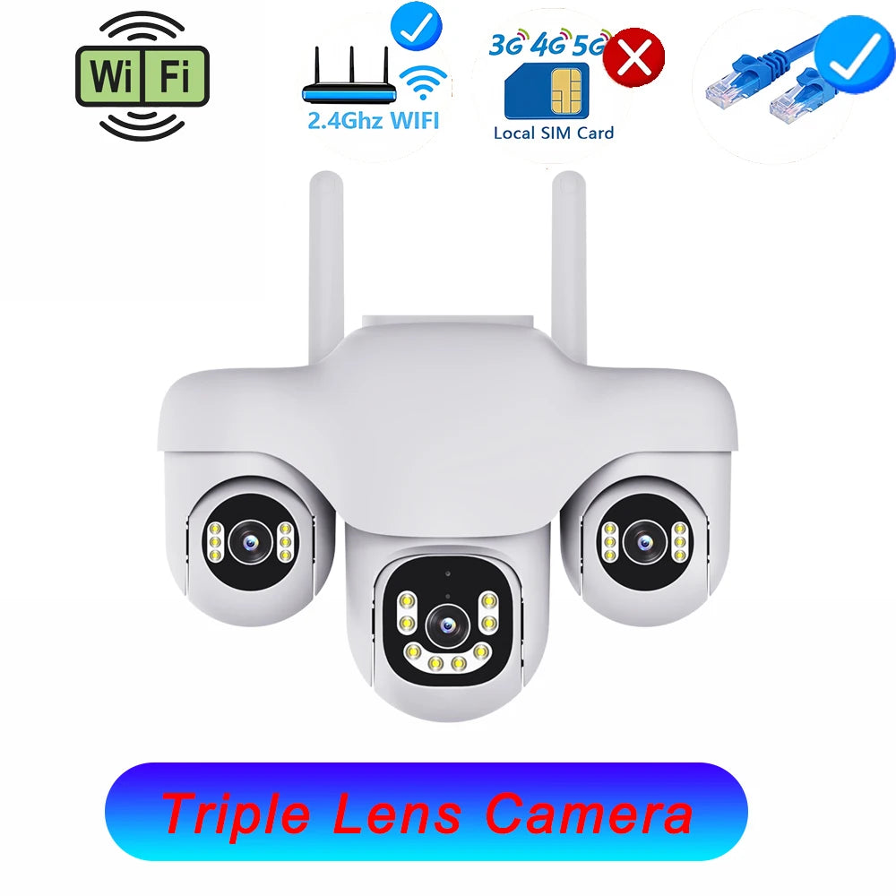15MP WiFi Camera Outdoor HD Three Lens Three Screen PTZ IP Cam Human Auto Tracking Waterproof Smart Security Surveillance CCTV WIFI Camera No Card / UK Plug