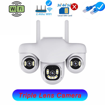 15MP WiFi Camera Outdoor HD Three Lens Three Screen PTZ IP Cam Human Auto Tracking Waterproof Smart Security Surveillance CCTV WIFI Camera No Card / UK Plug
