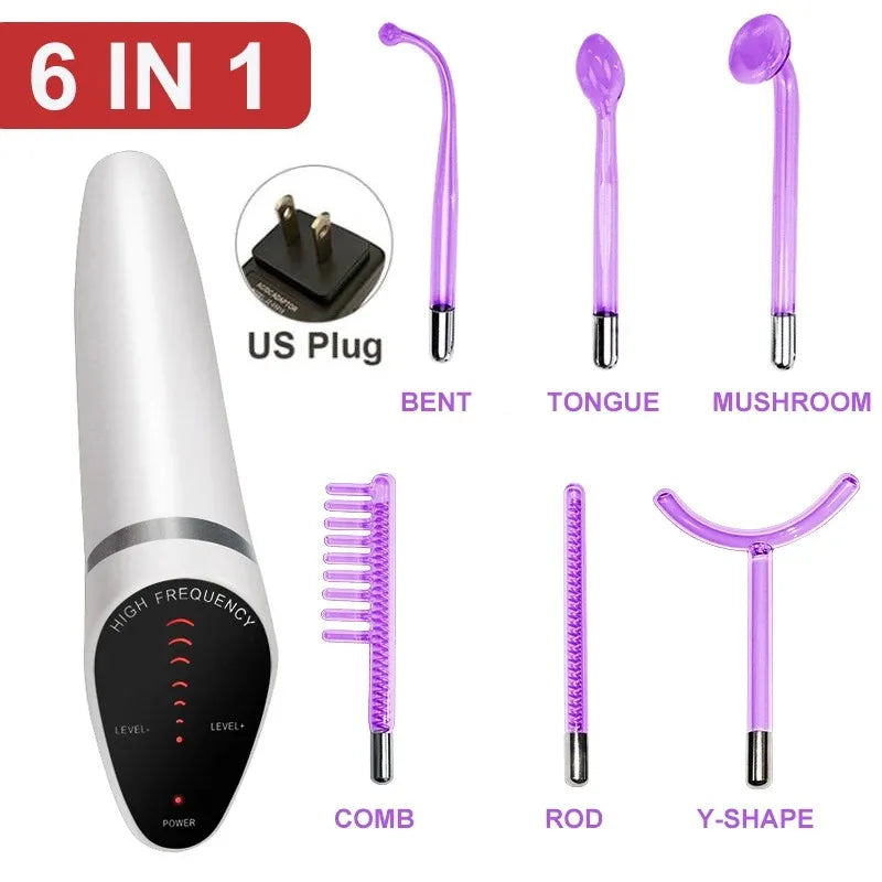 Newest 6 In 1 Spark Electrodes High Frequency Wand &ndash; Glow Purple US Plug