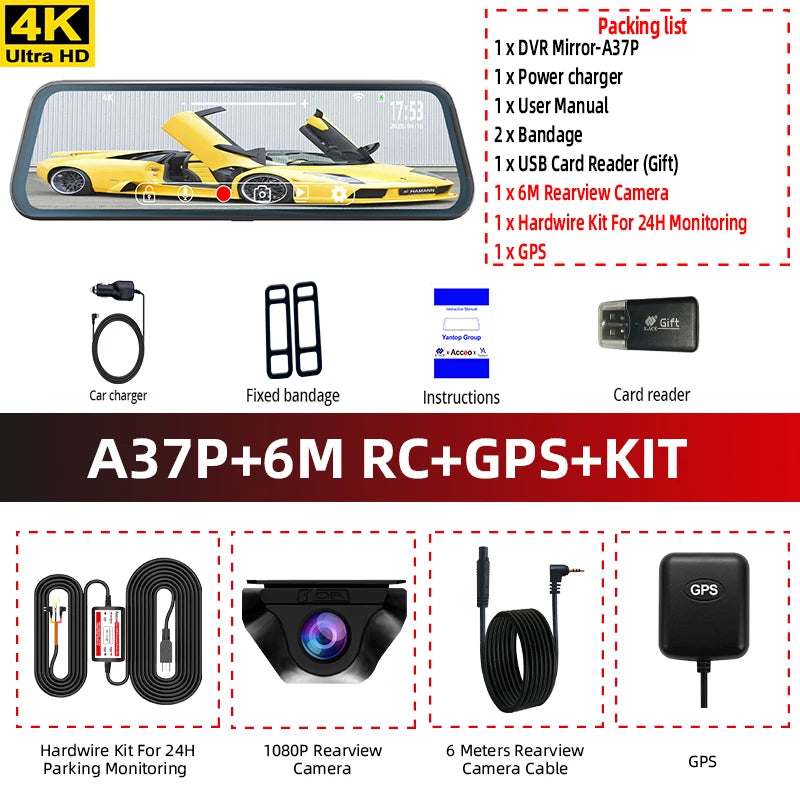 ACCEO Black Glass 4K Dashcam Mirror - Night Vision GPS A37P-6M RC-GPS-KIT / None