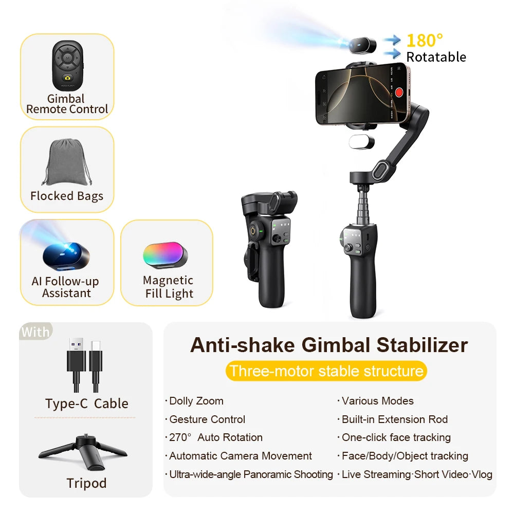 AOCHUAN Smart V8 &ndash; Anti-Shake Face Tracking Stabilizer Black Kit