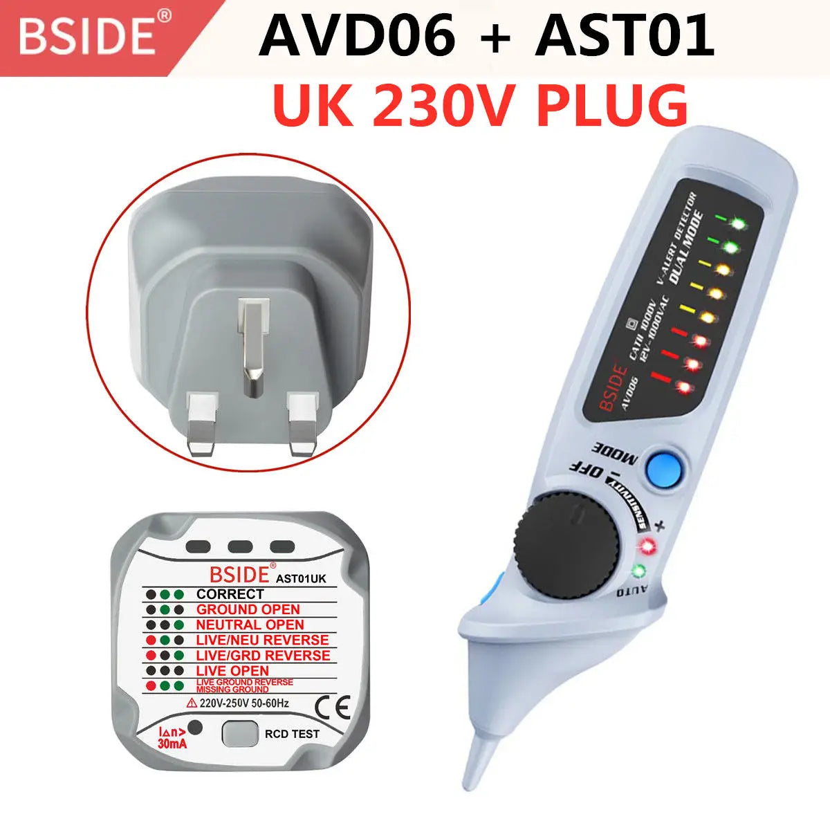 BSIDE Dual Mode Non-Contact AC Voltage Detector &ndash; Auto Mode AVD06-AST01 UK 230V / CHINA