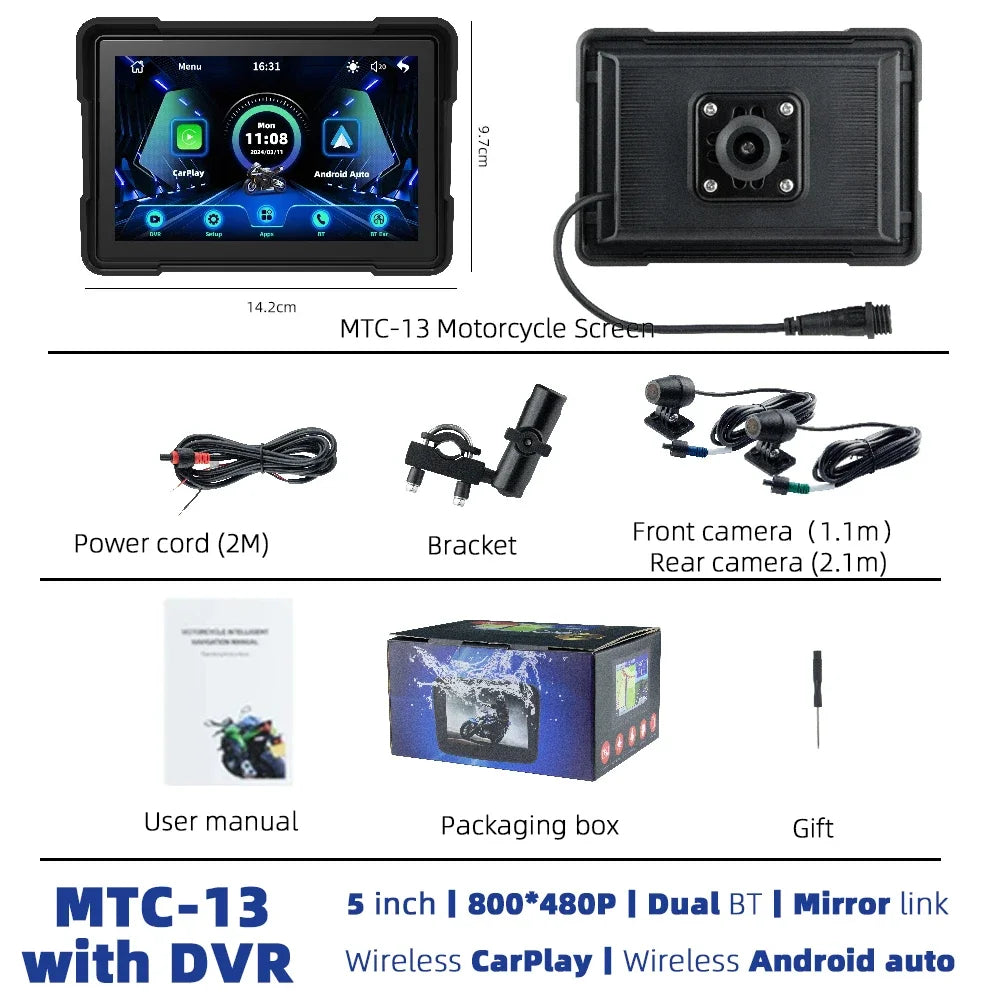 EKIY 5.0 Inch Wireless CarPlay Moto &ndash; Portable Digital Motorcycle GPS Navigation Screen MTC-13-DVR