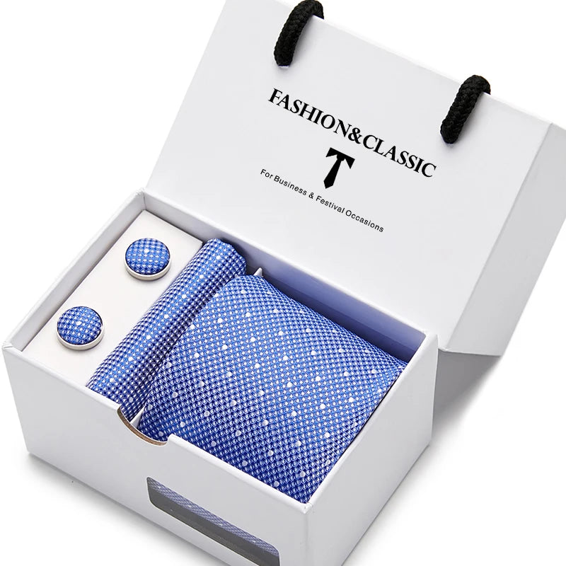 VanGise Blue Dot Tie Set with Pocket Square and Cufflinks for Men