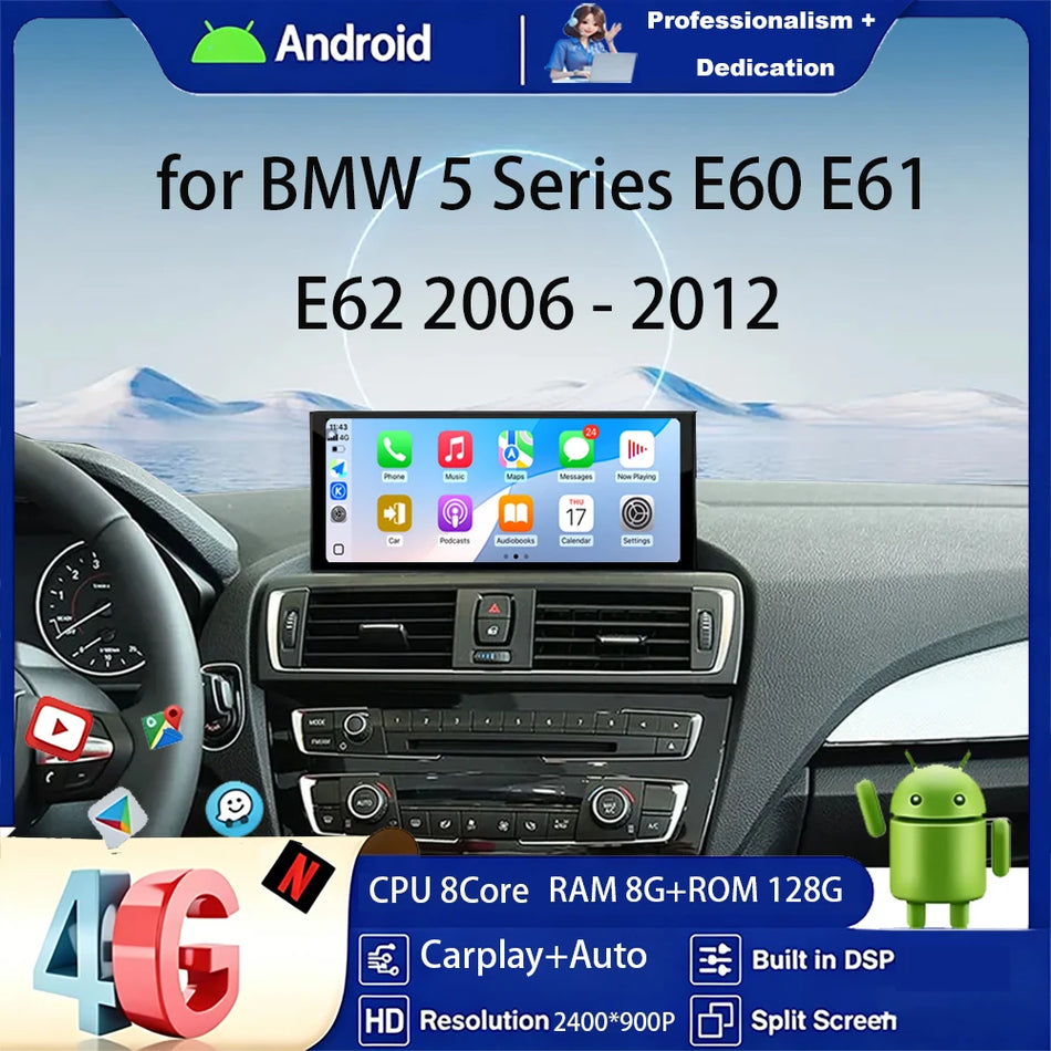 12,3-calowy radioodtwarzacz samochodowy do BMW serii 5 E60 E61 E62 z Androidem 16 Auto Carplay