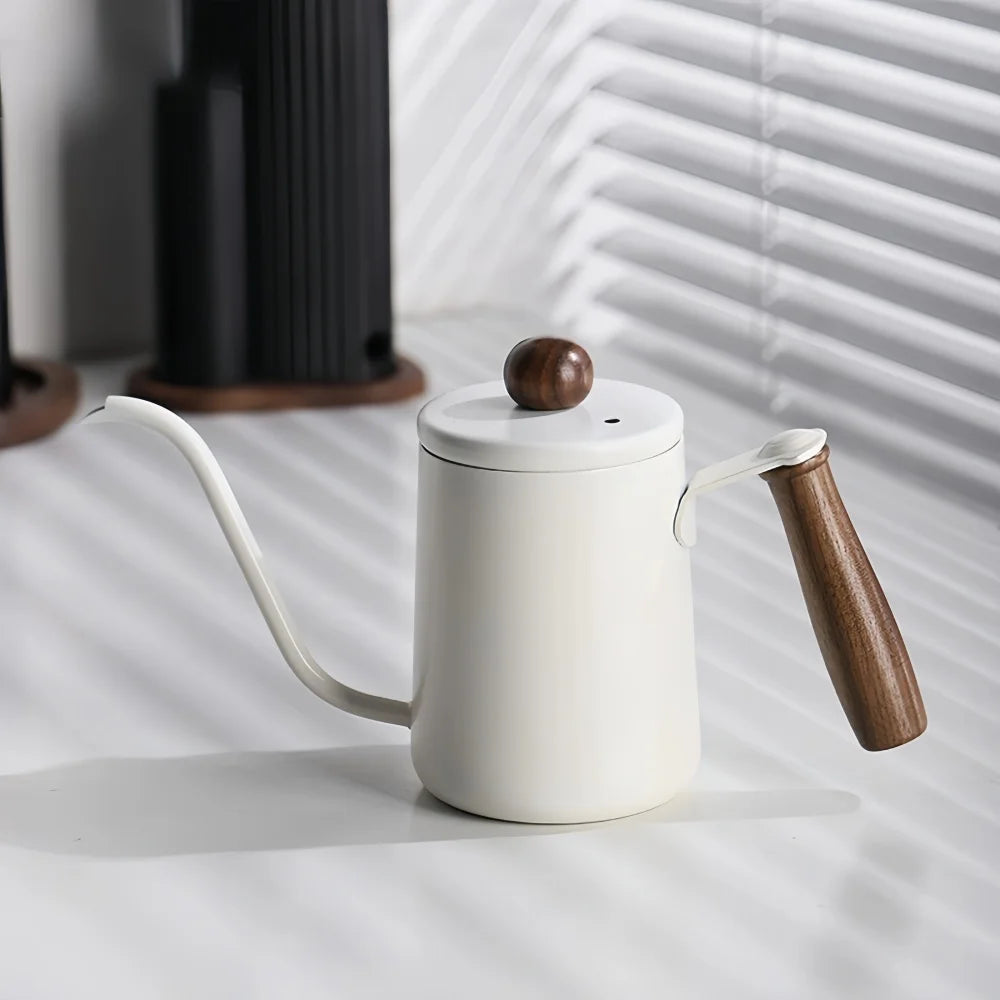 Hand Brewed Coffee Pot &ndash; Premium 304 Stainless Steel with Wooden Handle White-350ML