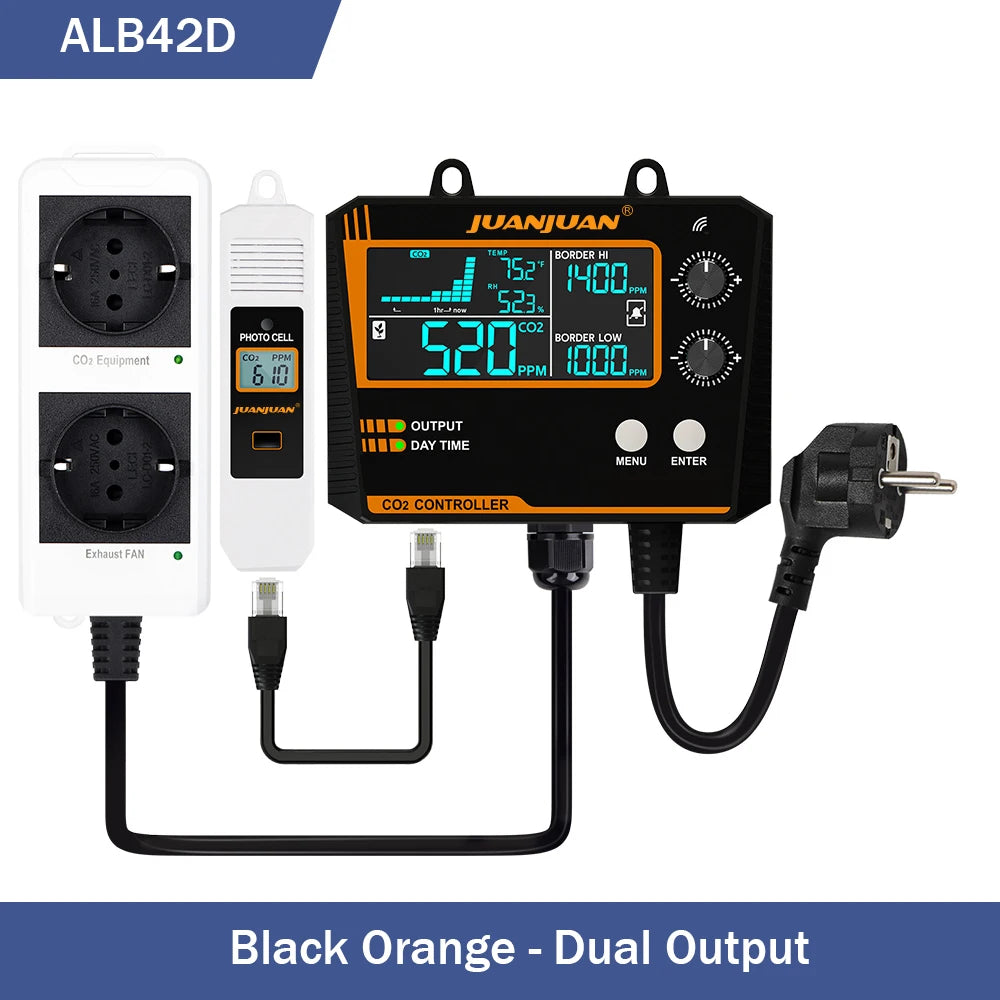 Juanjuan 0-5000ppm CO2 Controller &ndash; LCD Display Monitor Orange 2 Output / EU Plug