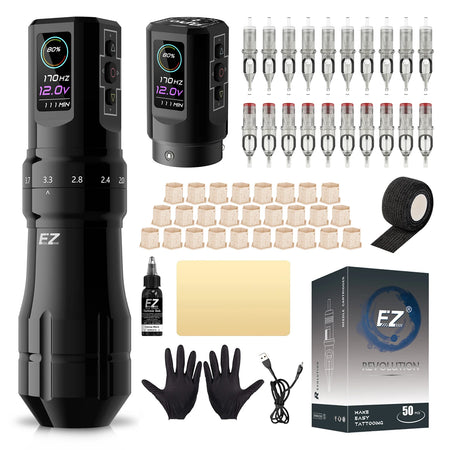 EZ P3 Pro Wireless Tattoo Machine Kit - Adjustable Stroke Gloss BlackX2Power