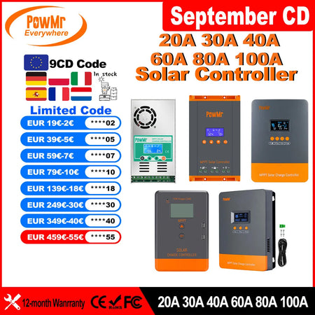 PowMr MPPT Solar Charge Controller &ndash; LCD Display, 12V-48V