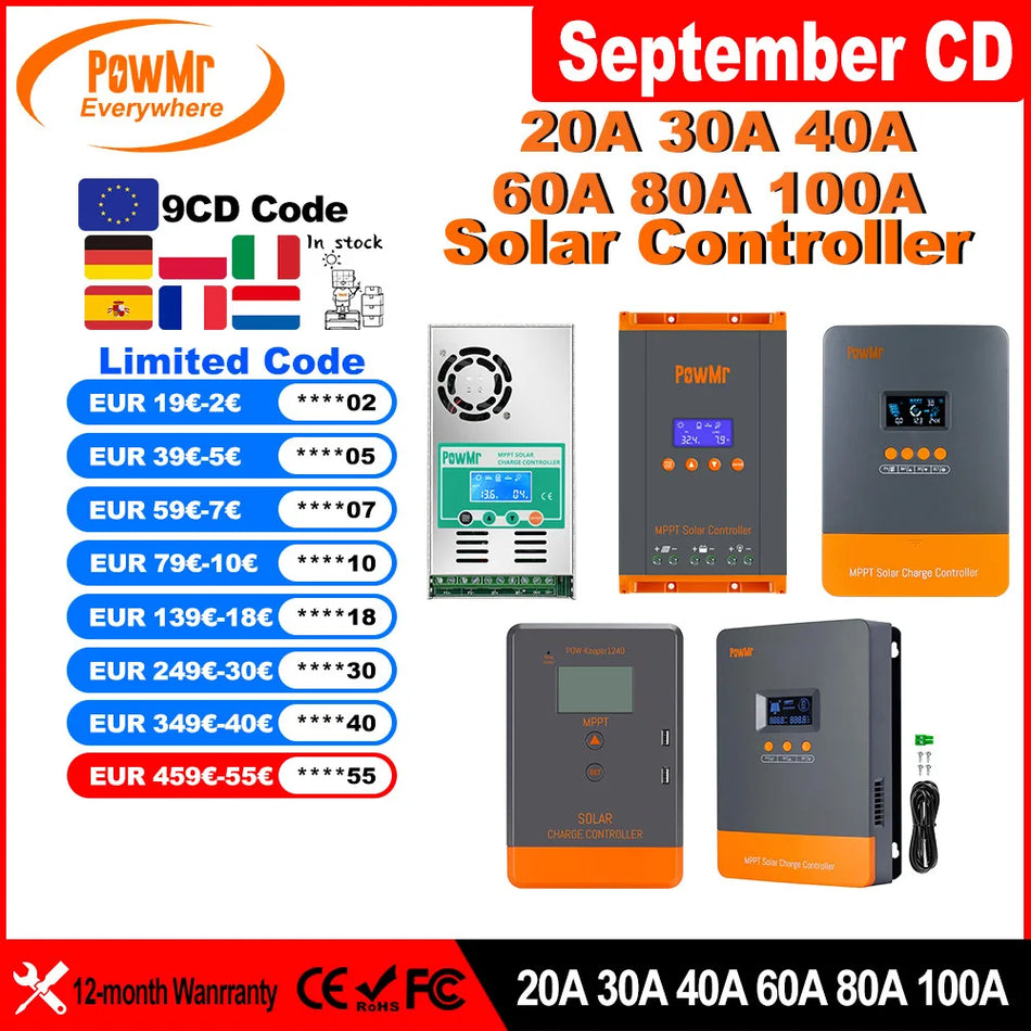 PowMr MPPT Solar Charge Controller &ndash; LCD Display, 12V-48V
