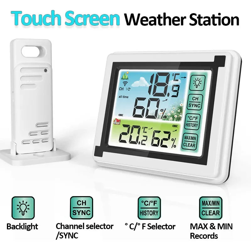 Digitální meteorologická stanice s hodinami a bezdrátovým venkovním senzorem, vnitřní a venkovní.
