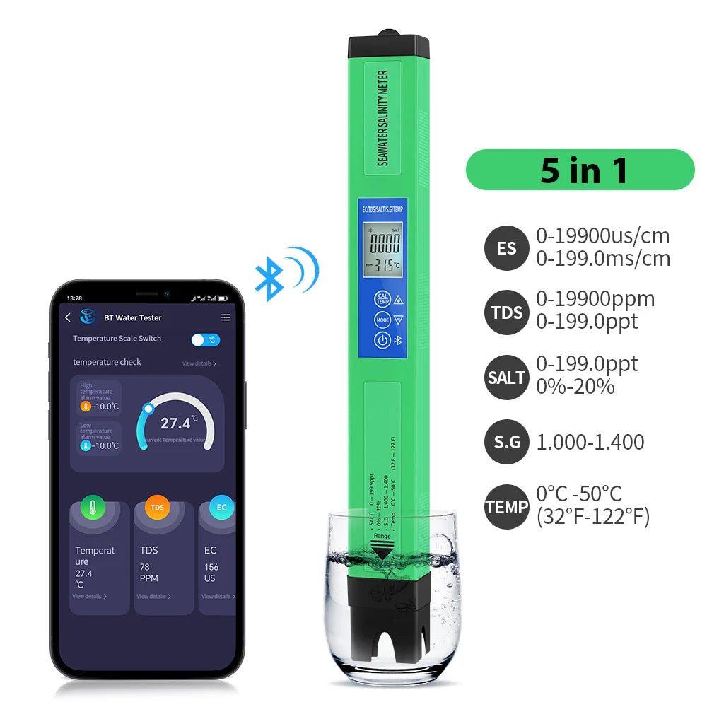 2/5 In 1 Bluetooth PH Meter TDS EC Salinity SG &ndash; Backlit 5 in 1
