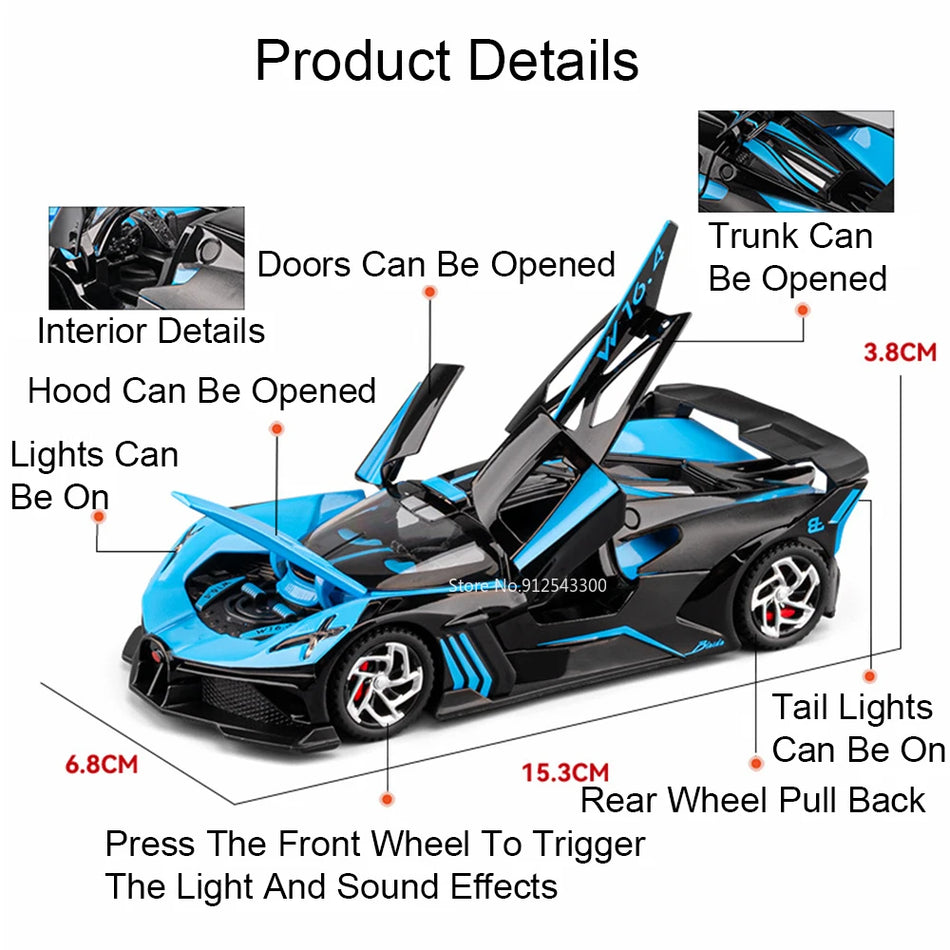 Modelo de coche de metal Diecast Divo Bolide con sonido y luz a escala 1:32