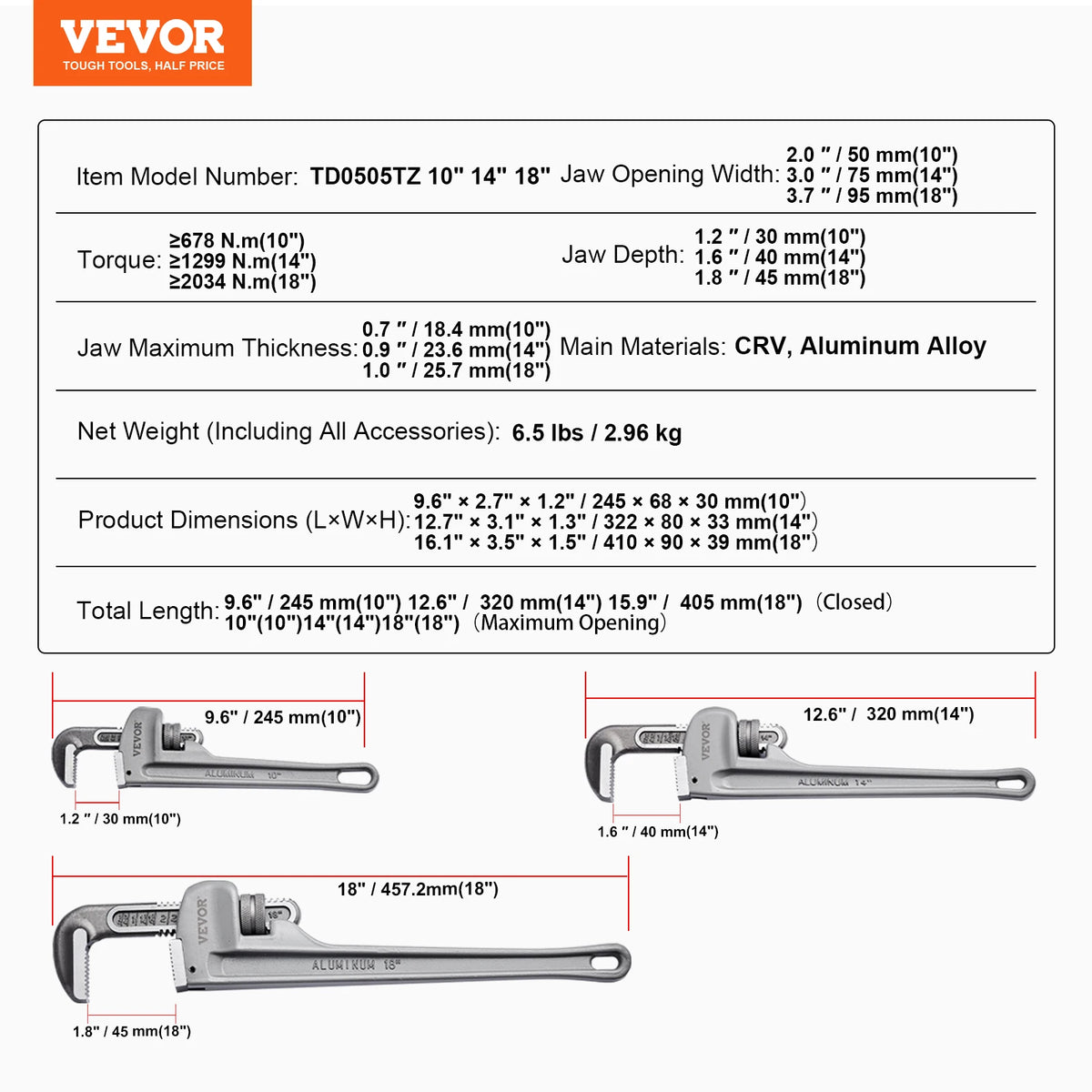 SucceBuy TD0505 24In Aluminum Pipe Wrench &ndash; Ergonomic Handle 10 14 18inch / United States