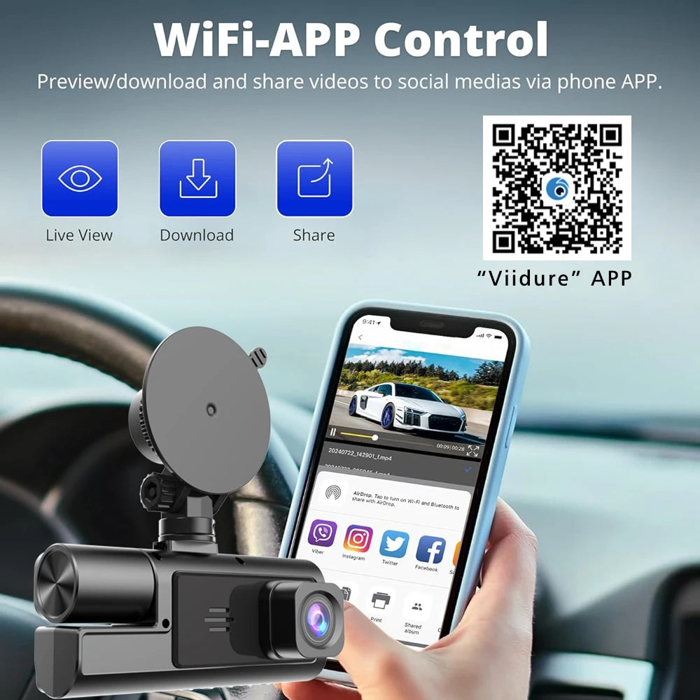3-Channel Car DVR Dash Cam with WiFi