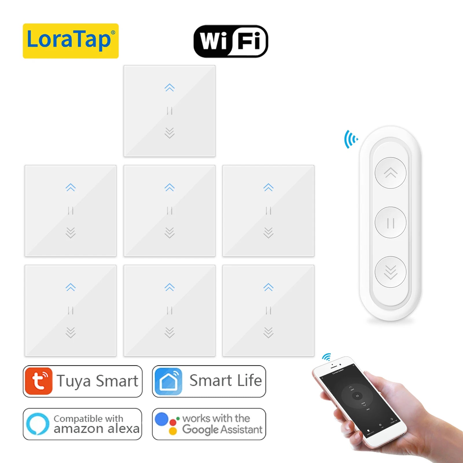 LoraTap Tuya Curtain Switch &ndash; WiFi Enabled With Google Home 1 Remote 7 Switches