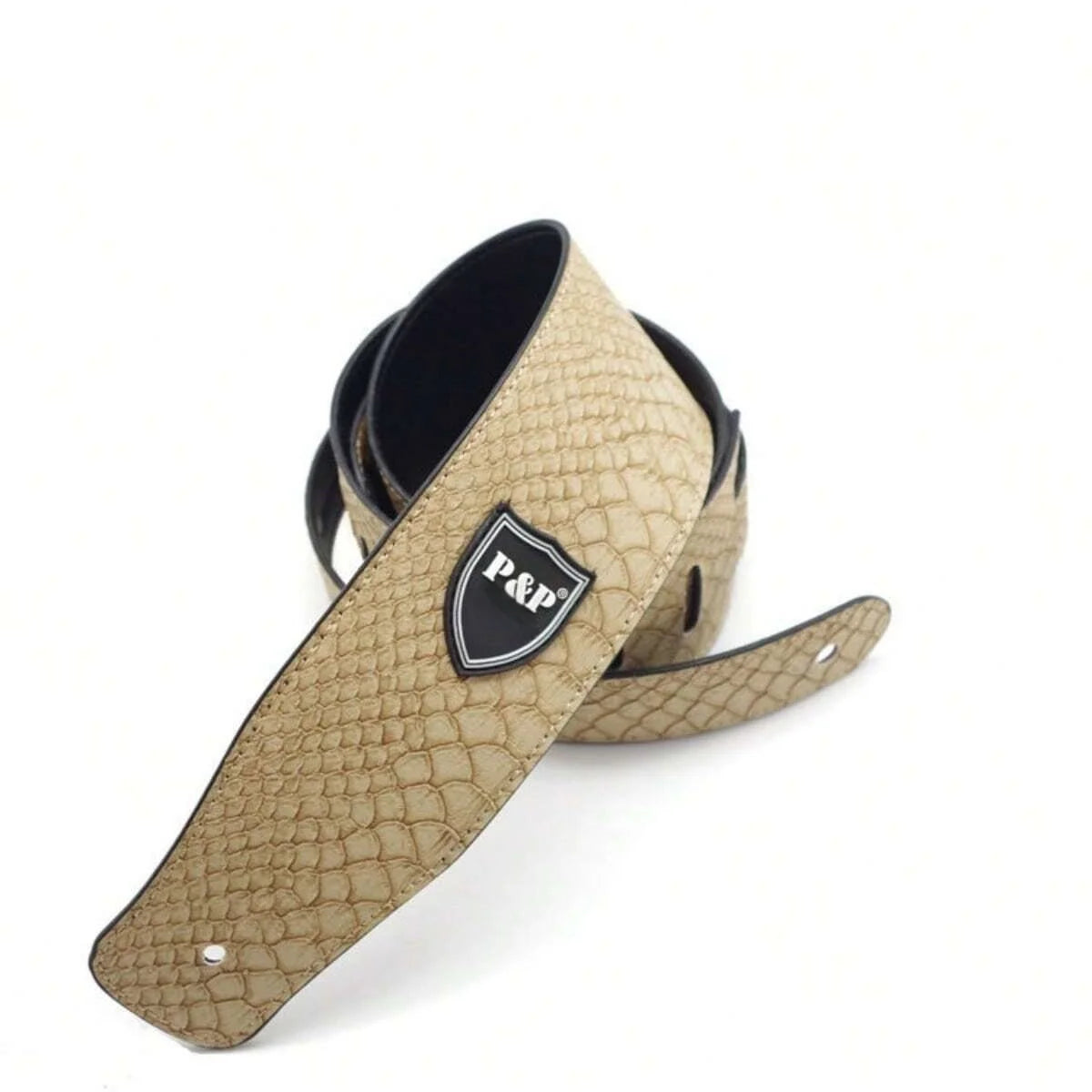 Guitar Strap PU Leather 2.5 Inch &ndash; Soft Embroidered Pattern Beige