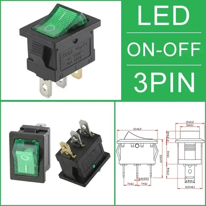 KCD1 Snap-in Boat Rocker Switch &ndash; Reliable ON/OFF Control Green Light 3Pin / 30 PCS