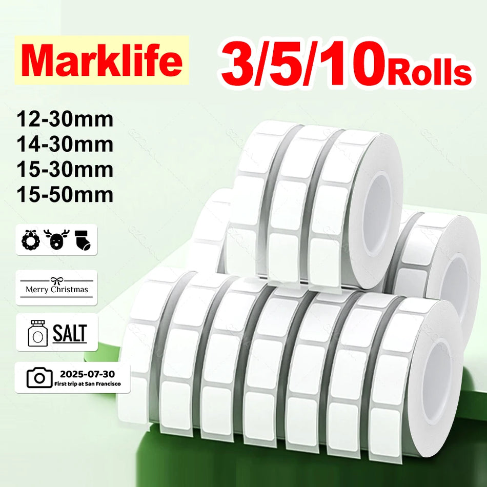 Balti termiskie etiķešu papīra ruļļi 12x30mm līdz 15x50mm, P15 P12 M1 iepakojumi